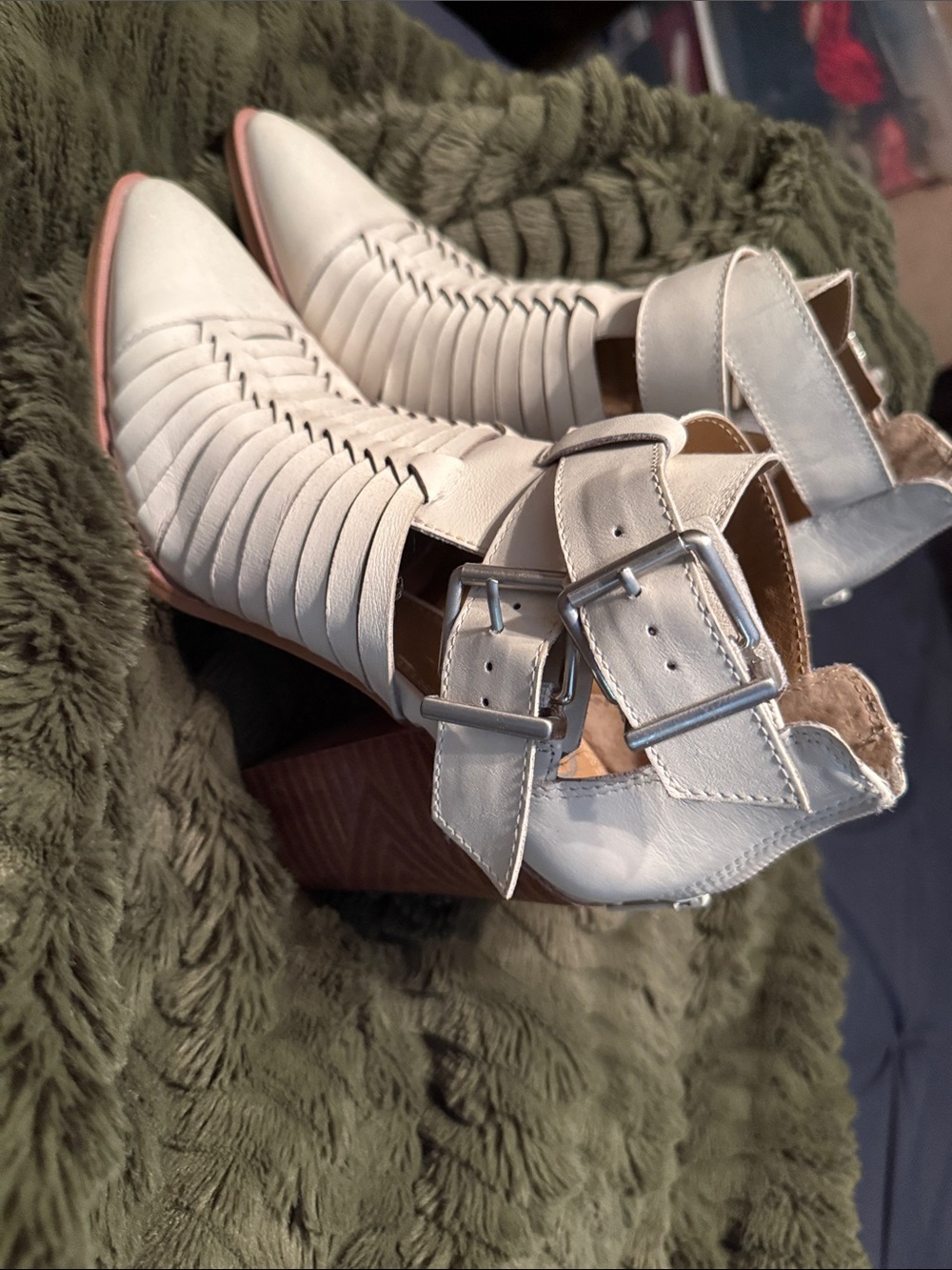 Gianni Bini Cream Strappy Cutout Ankle Booties with Double Buckles